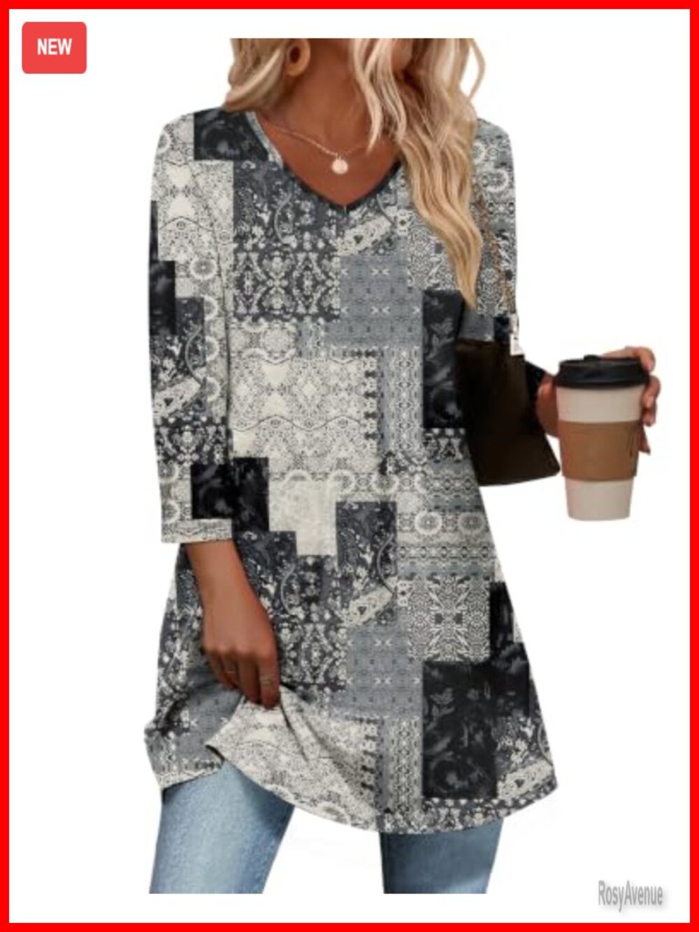 Women's Plus Size Tunic Top 3/4 Sleeve V-Neck Floral Stretch Polyester